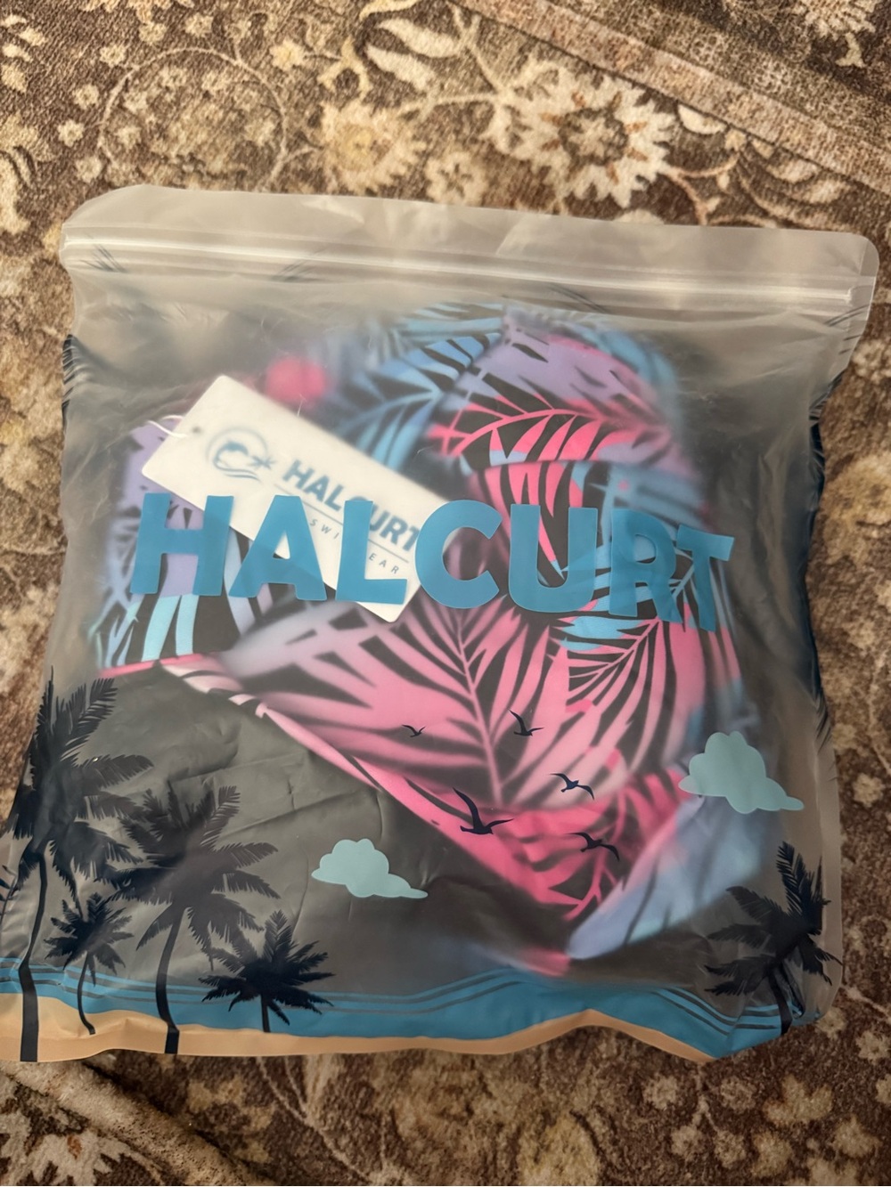 Halcurt XL Women's Pink & Blue Palm-Print Criss Cross back tank only no bottoms